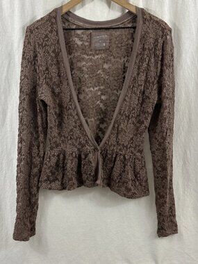 Arizona Jeans Co Brown Floral Lace Sheer Dainty Cottagecore Boho Top Womens M